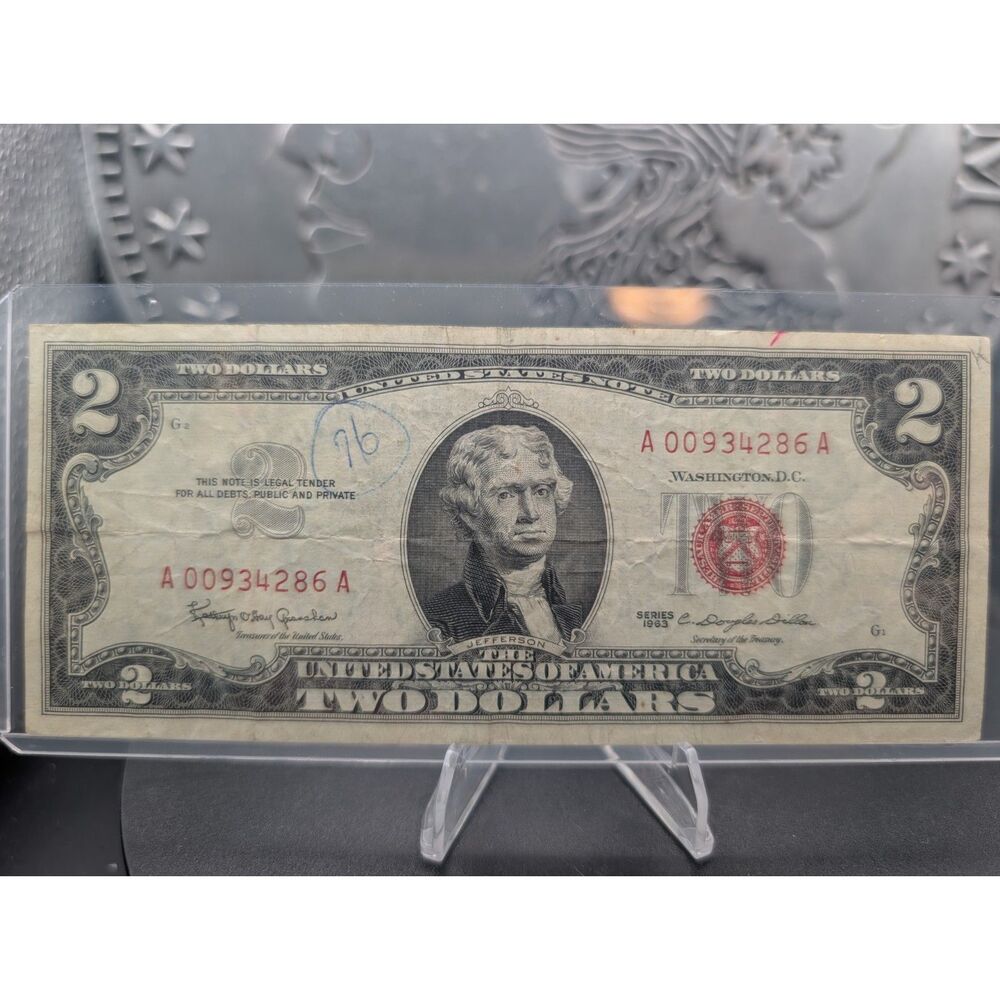 1963 Red Seal $2 Bill • Crisp Note with Mark • Legal Tender Series 1963
